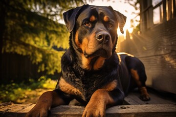 Sticker - A black and brown rottweiler dog laying on top of a wooden bench. Generative AI.