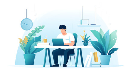 Minimalist UI illustration of computer programmer coding, person working from home, desk