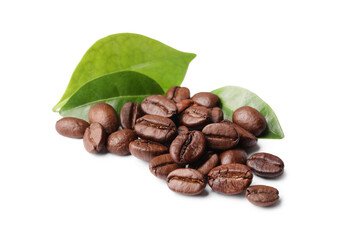 Sticker - Roasted coffee beans and leaves isolated on white