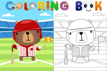 Wall Mural - Vector cartoon illustration, cute bear in baseball uniform in baseball stadium, coloring book or page
