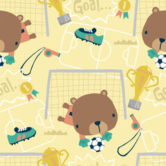 Wall Mural - Seamless pattern vector of cartoon cute bear goalkeeper with soccer elements