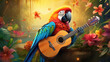 Joyful Parrot with Guitar, tropical paradise setting, vibrant feathers