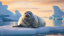 A Seal Lethargically Floats On The Antarctic Ice To Bask In The Sun.