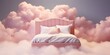 A pink mattress among the clouds. The bed stands in a pink fluffy cloud in the sky.. Mattress advertising concept and sweet dreams