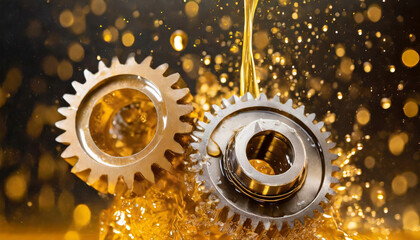 High quality industrial steel gears in lubricating oil splash, close up view.