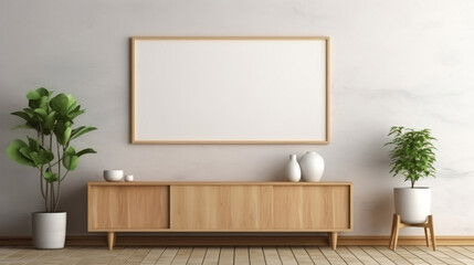  Furniture, dresser and modern living room cabinet made of wood for apartment, hotel and home. Creative, interior and lifestyle mockup with texture for frame print, design and decoration ideas