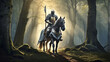 Picture a medieval knight on horseback, clad in armor, traversing a dense enchanted forest AI-Generative