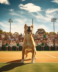 Sticker - A dog standing on a tennis court with a crowd watching. Generative AI.