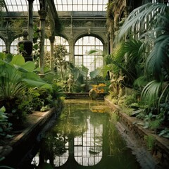 Canvas Print - A large pond in a greenhouse with plants and water. Generative AI.