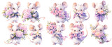 Fototapeta Koty - Mice with flower watercolor illustration clipart. Generative AI