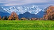 © imageBROKER - Autumn landscape near the hamlet of Weichs with Zugspitzgruppe 2962m in the Wetterstein Mountains, Ohlstadt, Loisachtal, Das Blaue Land, Upper Bavaria, Bavaria, Germany, Europe