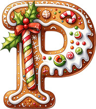 Letter P, Christmas Gingerbread Cookies Alphabet, Xmas Letter, Holiday Font, Cute Watecolor Style, Candy Cane , Holly Berry, Snow Icing Sugar. Decerative Gift For Card, Craft, Shirt, Mug, DIY Paper