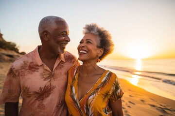 Senior African American Couple Enjoying Sunset on Beach