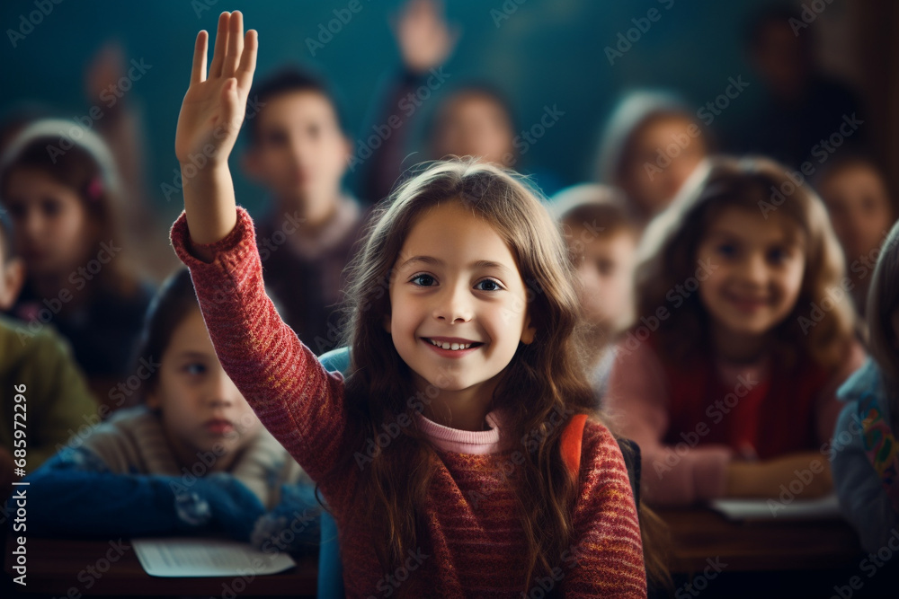 Primary schoolgirl raise hand to answer a question during class in the ...