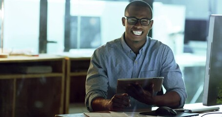 Wall Mural - Business man, tablet and smile for online stock market, financial research or company asset management. Face of professional African person on digital technology for data analytics or trading results