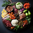 An appetising Turkish meze platter full of vegetables,pickles and meat.