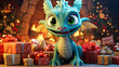 Cheerful light blue dragon with an inviting smile, in front of a hearth adorned with Christmas presents.
