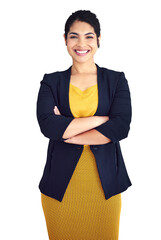 Businesswoman, happy and portrait with arms crossed for professional, consultant and corporate career. Mexican person, smile face or pride in fashion style or isolated on transparent png background