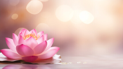 Pink water lily or lotus flower with bokeh background with copyspace. Concept Vesak day Buddhist lent, Buddha birthday