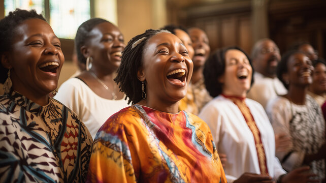 black christian gospel singers of church praising jesus christ. message of christianity for christma