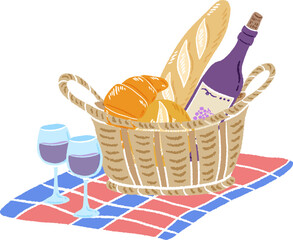 Wall Mural - Tricolor color cross, French bread and wine, hand drawn cute illustration / トリコロールカラーのクロスとフランスパンとワイン、手描きのかわいいイラスト