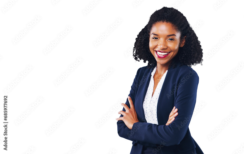 Portrait, confident and a business black woman arms crossed isolated on ...