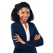© Suresh/peopleimages.com - Portrait, happy and a business black woman arms crossed isolated on a transparent background for work. Corporate, mission and smile with a confident young employee on PNG for her professional career