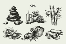 Spa Sketch Icon Set. Beauty Vintage Hand Drawn Illustrations