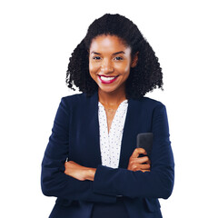 Poster - Portrait, corporate and a business black woman arms crossed isolated on a transparent background for work. Smile, mission and happy with a confident young employee on PNG for her professional career