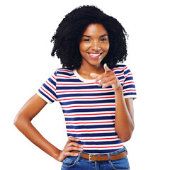 Wall Mural - Happy woman, portrait and pointing in fashion for choice or selection isolated on a transparent PNG background. Face of young female person smile in casual clothing for picking, choose or decision