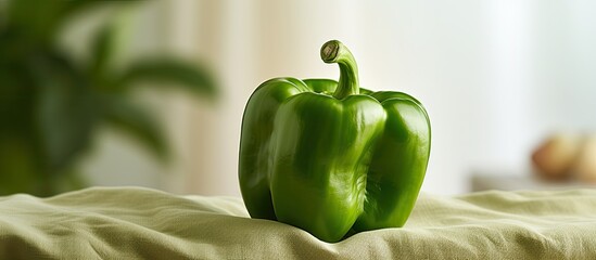 Green sweet pepper growing on a bed.