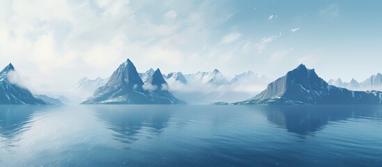 Norwegian island with mountains, sea, foggy coastline.