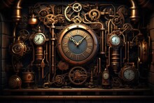 A Steampunk Style With Gears Pipes And Clocks. Stylized Of A Steampunk Mechanical. 3D Illustration Digital Art Design. Retro Clock Mechanism Steampunk Style.