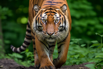 Wall Mural - Front view of a tiger walking through a lush green forest, black stripes, powerful muscles, confident