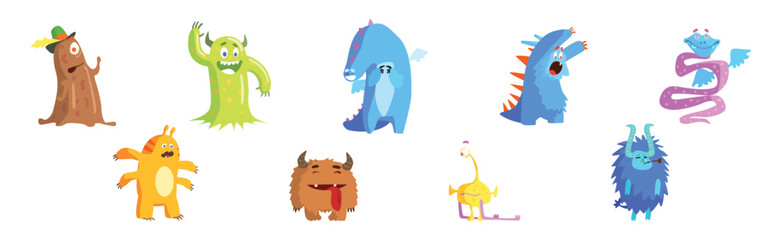 Sticker - Funny Monster Character with Horn and Wing Vector Set