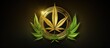 Marijuana symbol on golden emblem with bad text.