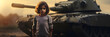 little Palestinian child standing in front of tank