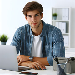 A young man sitting at a workplace in an office environment, shown against a white background, appearing professional and concentrated.