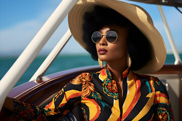 Wall Mural - close up portrait of a stylish modern black woman wearing elegant high fashion clothes on vacation