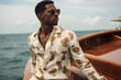close up portrait of a stylish modern black man wearing elegant high fashion clothes on luxury yacht