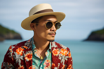 Wall Mural - close up portrait of a stylish modern Asian man wearing elegant high fashion clothes on vacation