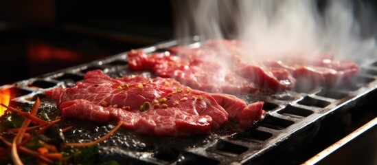 Sticker - Japanese restaurant cooking raw beef for yakiniku on stove.