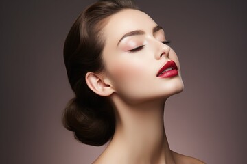 Wall Mural - close up of beautiful face. glow skin and plump lips with natural makeup. part of face, highlighter,