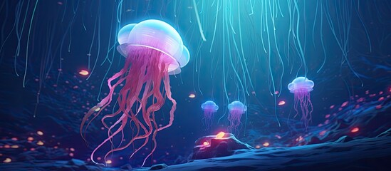 Jellyfish with neon tentacles in ocean and aquarium.