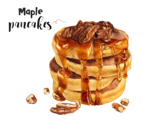 watercolor illustration of maple pancakes dessert close up. design template for packaging, menu, pos