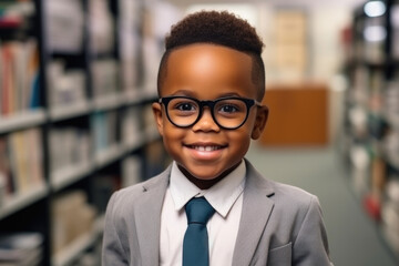 Wall Mural - A young boy dressed in a suit and tie, standing in a library. This image can be used to depict education, learning, or a formal event