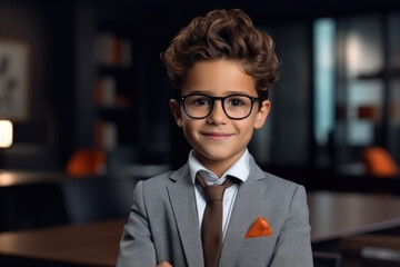 Wall Mural - A young boy dressed in a suit and wearing glasses. This image can be used to depict intelligence, professionalism, or a formal occasion