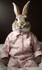 Wall Mural - portrait of rabbit dressed in pyjamas. funny fashion portrait of an anthropomorphic animal, posing with a charismatic human attitude