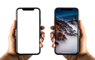 cell phone mockup held in hand, blank screen isolated on transparent background, generative ai