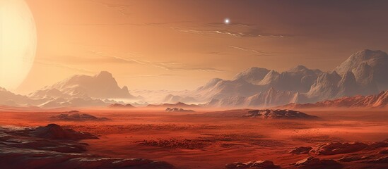 Wall Mural - Mars landscape: a captivating red desert with mountains, stars, and 3D artwork, perfect for a space game cover or poster.